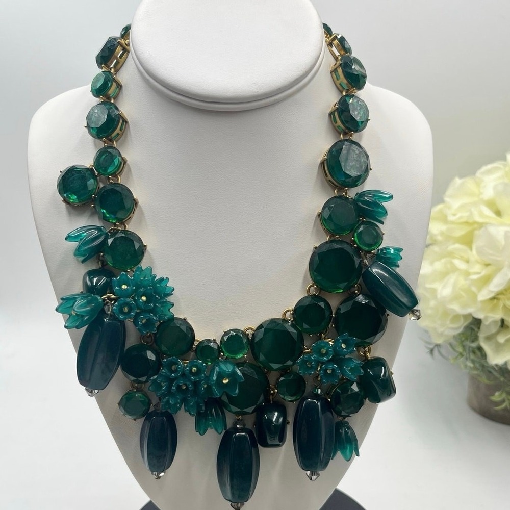 J. Crew Green Bauble Glass Resin Flower Cluster Bib Runway Gold Ox Necklace